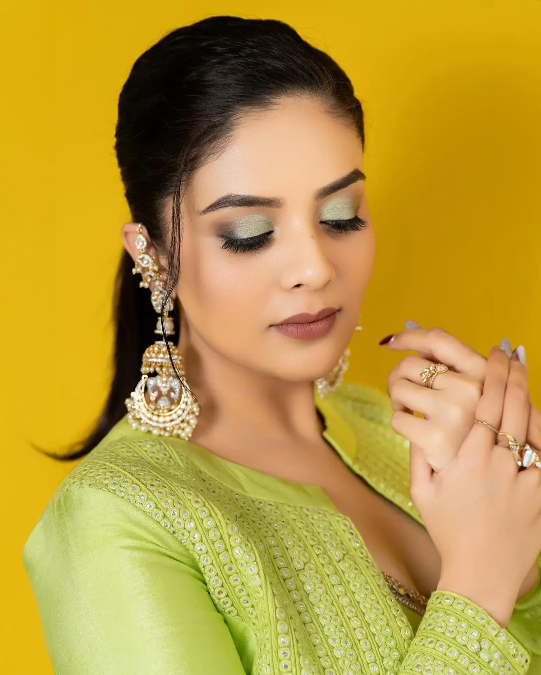 Gemini TV Actress Sreemukhi in Green Lehenga Choli